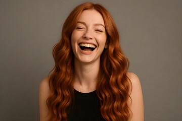 A woman with long, wavy red hair is smiling and laughing, showcasing a joyful expression against a neutral background. Concept Joyful Expression, Long Wavy Red Hair, Smiling and Laughing