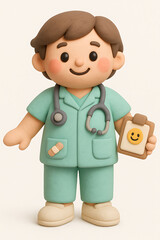 A charming clay figure of a nurse in a green uniform, holding a clipboard with a smiley face.