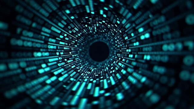Futuristic digital tunnel with glowing binary code, abstract technology background, blue light, data flow, immersive dynamic modern cyber concept
