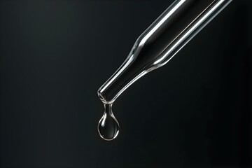 A close-up of a glass pipette with a drop of liquid about to fall, set against a dark background. Concept Glass Pipette Close-Up, Liquid Drop Detail, Dark Background Photography