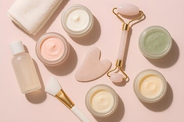 Naklejka premium Various skincare products, including creams, a roller, and a guasha tool on a light pink background. Concept Skincare Essentials, Creams and Moisturizers, Facial Rollers, Gua Sha Tools