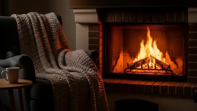 Cozy Fireplace with Knit Blanket, and Winter.