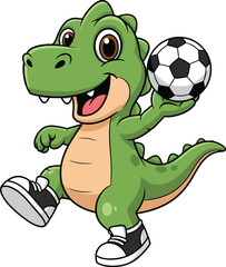 Cartoon dinosaur holding soccer ball — sporty dino character in sneakers for kids, games, fitness, and playful educational themes