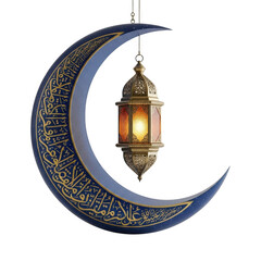 Islamic crescent moon with lantern hanging ornate arabic script ramadan kareem festive celebration transparent background