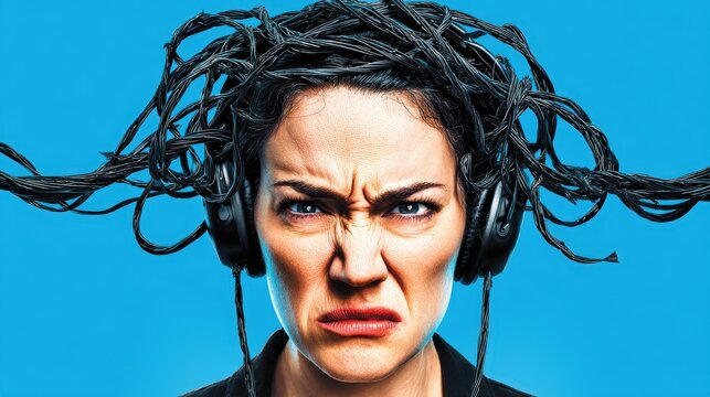 Discordant Noise: A woman, wired with headphones, expresses her auditory frustrations, her face contorted in a mask of exasperation, against a backdrop of striking teal. 