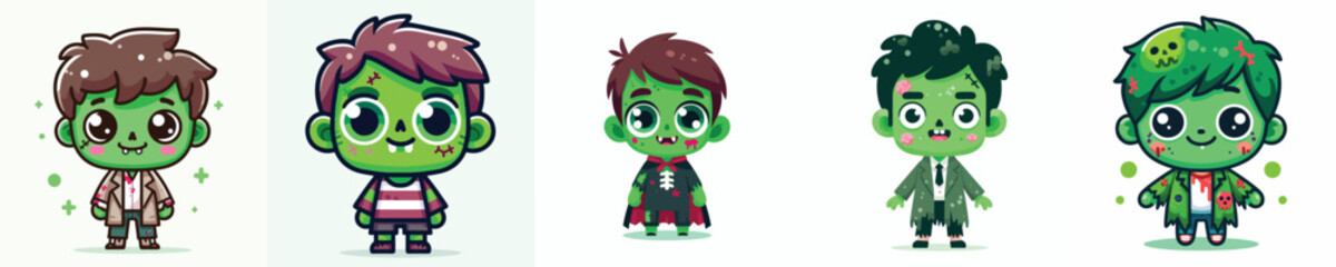 Boy wearing a cute zombie costume with a Halloween theme. Vector, illustration, icon set