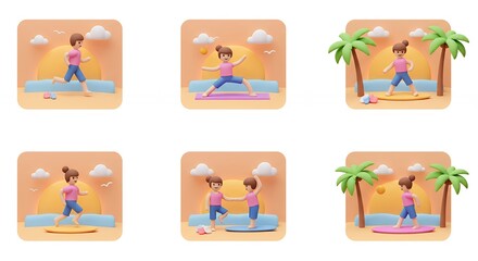Yoga woman poses series with ocean sunset healthy lifestyle illustration