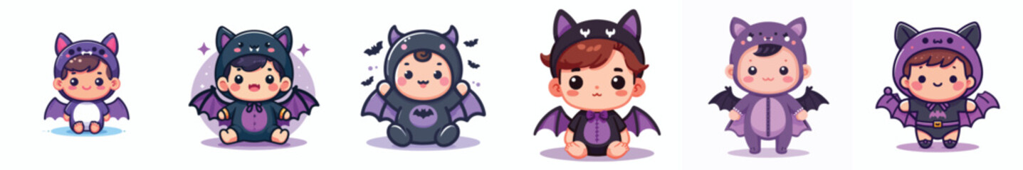 Children wearing Halloween-themed bat costumes. Vector, illustration, icon set