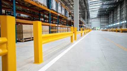 Clean warehouse aisle features bright yellow guardrails, providing safety and organization. spacious interior showcases shelves filled with goods, emphasizing efficiency and order