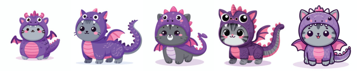 Gray cat wearing a purple dragon costume with a Halloween theme. Vector, illustration, icon set