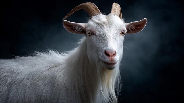 A close-up of a white goat with prominent horns and a flowing beard, set against a dark, moody background.