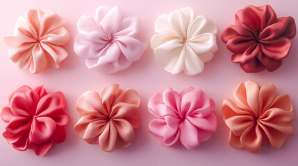 Chic silk hair scrunchies against a pink, white, and brown backdrop
