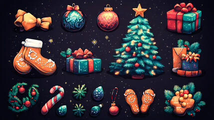 Obraz premium Christmas festive elements collection with tree, gift, gingerbread, and decorations for holiday designs