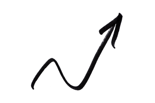 Black curved arrow icon, hand drawn line, use in infographics, business and industry, transparent background.