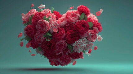 Heart-shaped Bouquet of Red and Pink Roses with Falling Petals on Dark Background