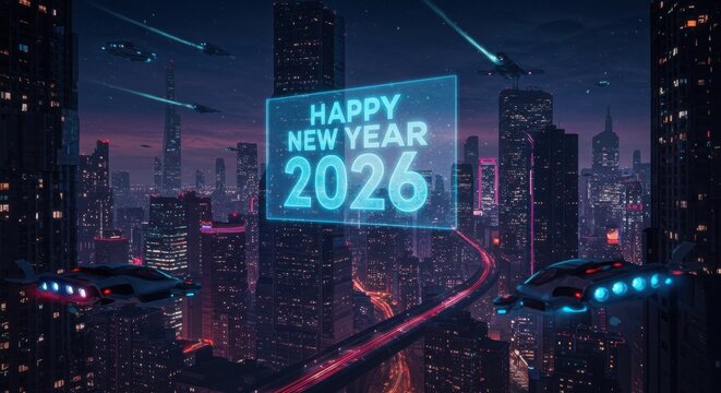 Happy new year 2026 is displayed on a screen over a futuristic cyberpunk city at night