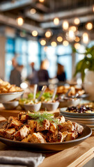 A buffet setting showcasing cubed bread on a platter with other side dishes and guests in the background. Variety of food.