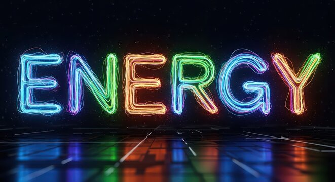 Luminous Energy: Neon Word Art Reflecting on a Futuristic Grid Surface