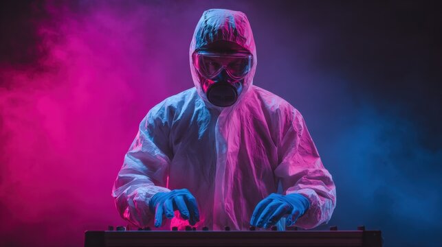 Synthwave Savior: A figure in full hazmat gear, illuminated by neon light, appears to be immersed in crafting digital sounds using a synthesizer.