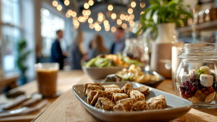A buffet table is laden with various foods and drink in front of blurred people and atmospheric lighting.