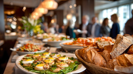 A well-stocked buffet showcases artisan breads and appetizers, promising a delightful culinary experience in an inviting setting.