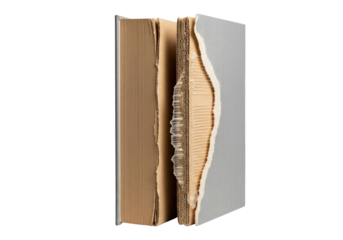 Ultra-realistic macro shot of a single hardcover book, 3/4 view, with a prominent tear exposing fibrous chipboard and dried glue on a transparent studio background, concept of material integrity