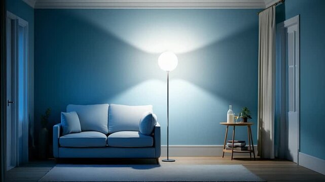 A dimly lit living room at night, with a round lamp and soft light effects