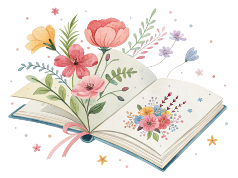 Colorful floral open book, birthday watercolor illustration, transparent background.