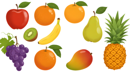 colorful fruit illustration set apple orange banana pear plum kiwi grapes mango pineapple healthy food vector design for kids education and children book