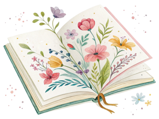 Cute birthday book illustration with colorful blooms, watercolor style, transparent background.