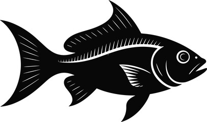 Black and white fish illustration, aquatic animal vector art, marine life graphic design, ocean wildlife artwork, detailed fish drawing, underwater nature artwork