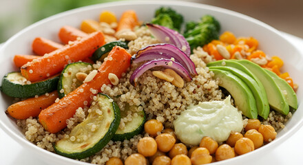 A colorful vegan Buddha bowl with quinoa, chickpeas, avocado, and roasted vegetables.