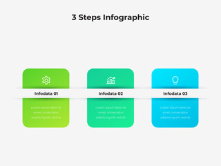 Three step infographic template with distinct segments, icons, and placeholders for text, ideal for business or educational uses. Features colorful elements and a sleek, professional layout.