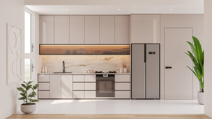 Modern kitchen interior with a stylish island, bar stools, and pendant lights. Luxury home design with marble backsplash.3d render
