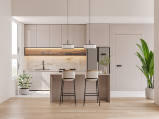 Modern kitchen interior with a stylish island, bar stools, and pendant lights. Luxury home design with marble backsplash.3d render