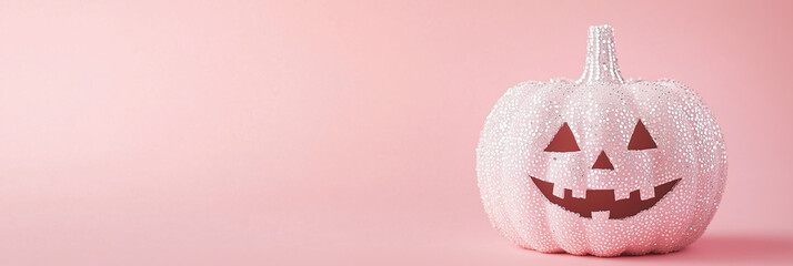 Glamour sparkly pink pumpkin on Halloween banner with copy space on the left.