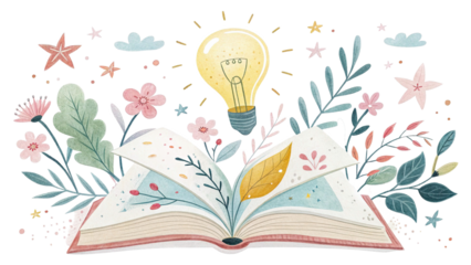 Colorful watercolor book and bulb surrounded by cute flowers and stars, isolated background.