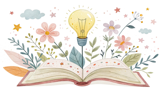 Open book with glowing bulb, watercolor style, floral and star details, transparent background.
