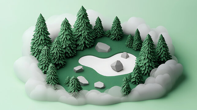 Miniature golf course surrounded by fluffy clouds and evergreen trees, a whimsical scene perfect for leisure and outdoor activities