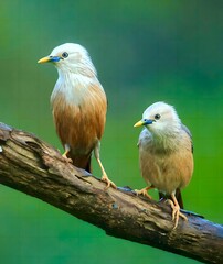 Pair of Chestnut-tailed Starlings on Tree Branch