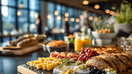 Array of savory food items on display. Bread, cheese, fruit, and orange juice create an upscale buffet arrangement.