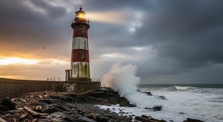 Obraz premium Striking lighthouse on rocky coast under dramatic sky with crashing waves seascape