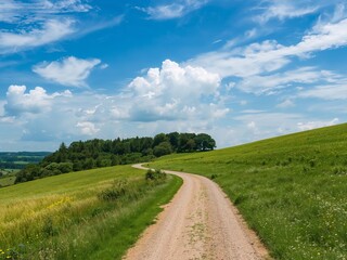 Fototapeta premium A Winding Path Through Verdant Hills, Under a Vibrant Sky A Scenic Vista.