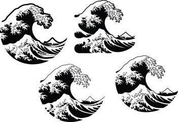 Great Wave Four Variations Black and White Japanese Prints