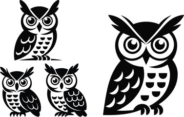 Elegant Owl Illustrations A Set of Four Black and White Designs