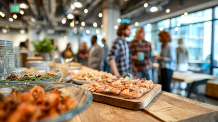 Networking event with buffet-style food and people socializing in a modern office space.