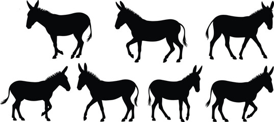 Donkey silhouette collection, walking and standing poses, farm animal vector, livestock illustration, equine profile art, black shape design, rural agriculture graphic