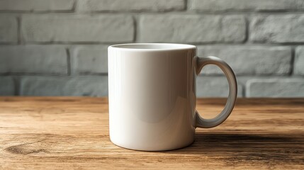 A blank white coffee mug stands on a wooden table against a rustic brick background, inviting creativity and personalization.