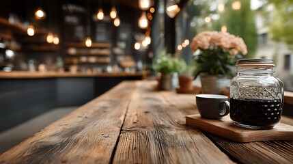 Cozy coffee shop with warm lighting and a wooden table, offering empty wall space for mockup posters or cafe advertisements, perfect for a relaxing and stylish coffeehouse atmosphere.