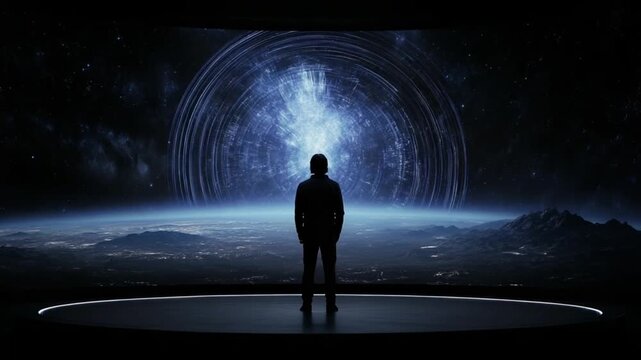 Person standing on platform, looking at a vast virtual space panorama with a glowing, circular portal in the background